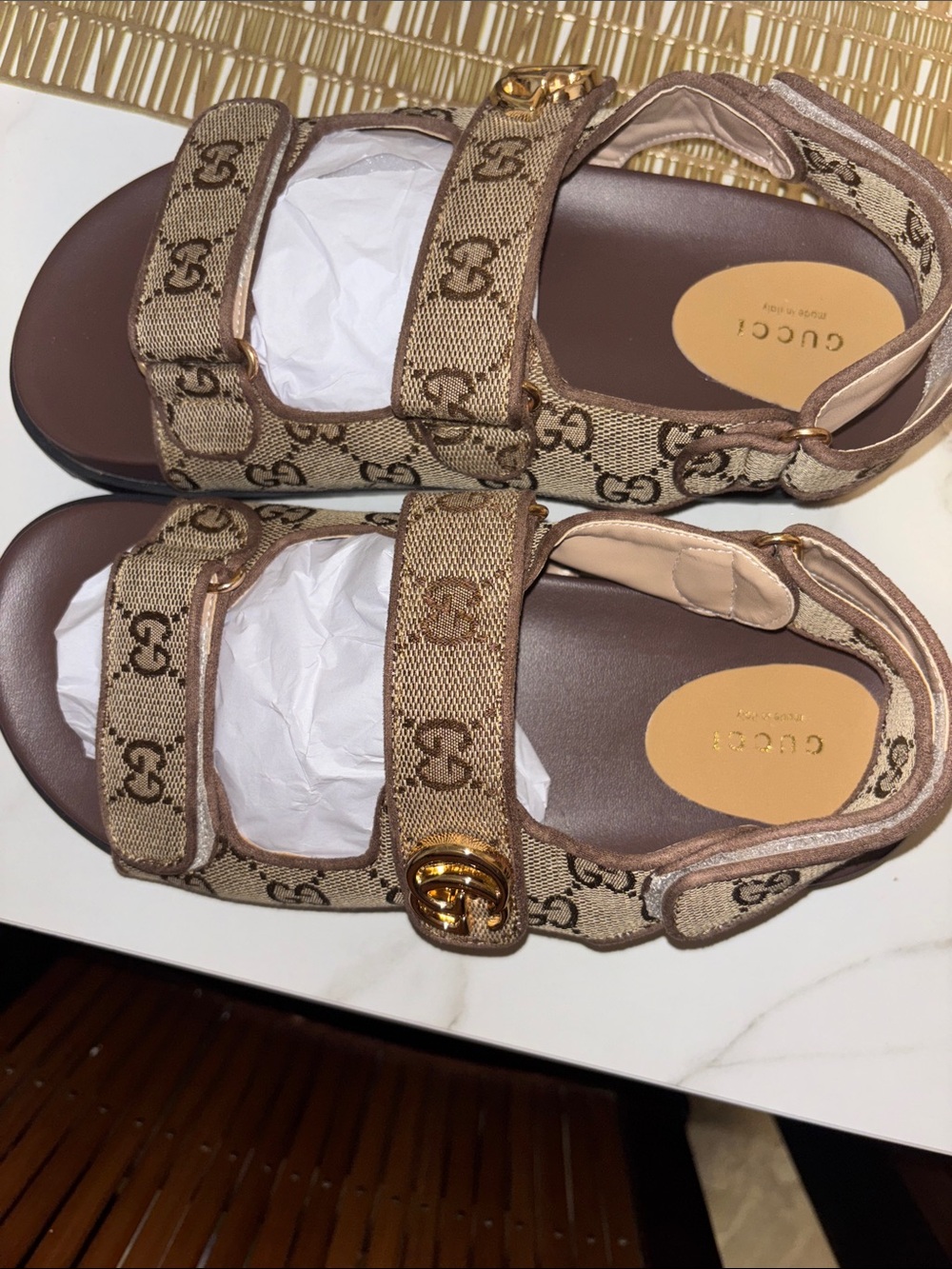 Gucci Beige Brown GG Canvas Logo Strap Sandals with Gold Hardware - Picture 4 of 6